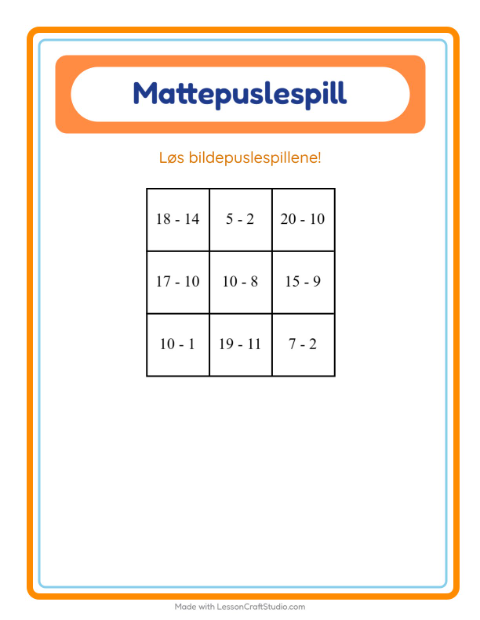 Forhåndsvisning av Mattepuslespill-arbeidsark med Reptiler og amfibier for 1. trinn