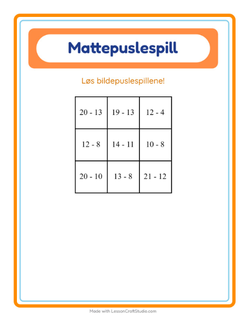 Forhåndsvisning av Mattepuslespill-arbeidsark med Rundt i huset for 1. trinn