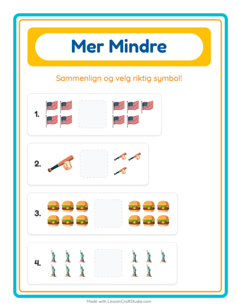 Forhåndsvisning av Mer Eller Mindre-arbeidsark med 4. juli for Barnehage (3-5 år)