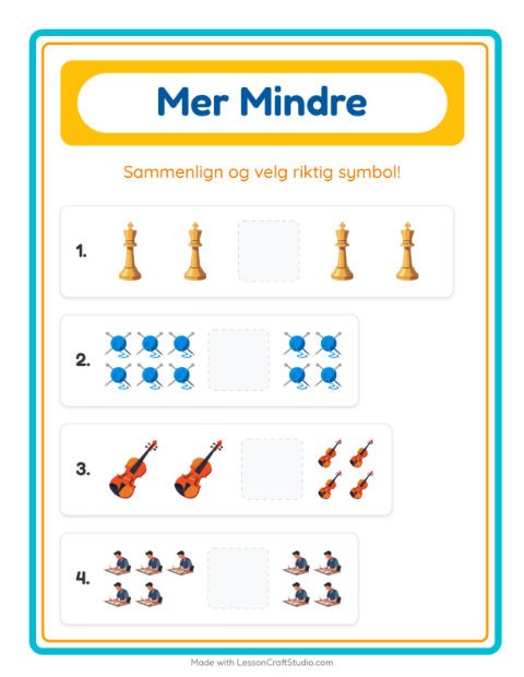 Forhåndsvisning av Mer Eller Mindre-arbeidsark med Aktiviteter for Barnehage (3-5 år)