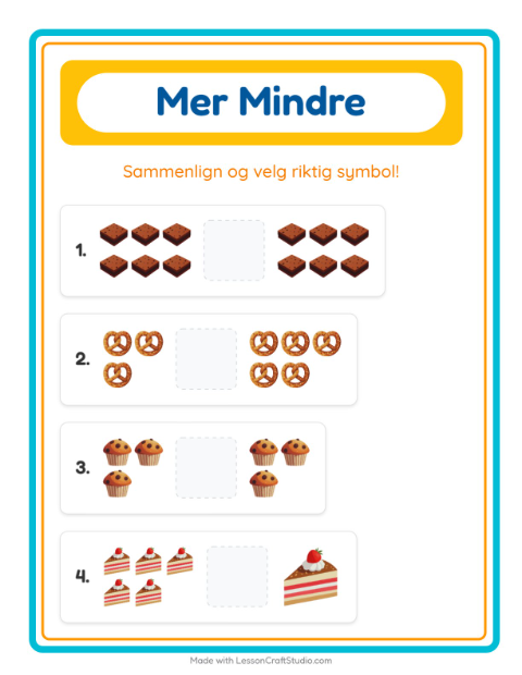 Forhåndsvisning av Mer Eller Mindre-arbeidsark med Bakeri for Barnehage (3-5 år)