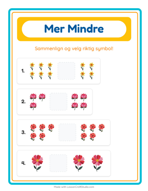 Forhåndsvisning av Mer Eller Mindre-arbeidsark med Blomster for Barnehage (3-5 år)