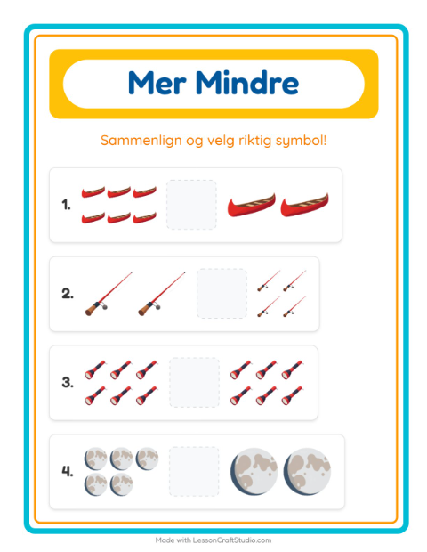 Forhåndsvisning av Mer Eller Mindre-arbeidsark med Camping for Barnehage (3-5 år)