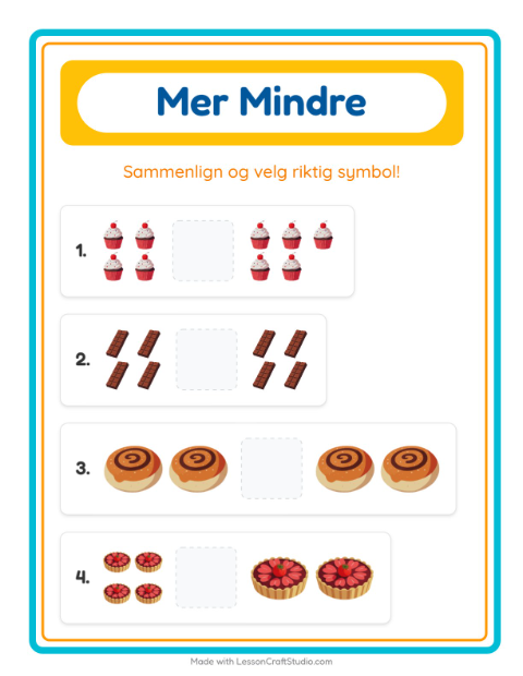 Forhåndsvisning av Mer Eller Mindre-arbeidsark med Desserter og godteri for Barnehage (3-5 år)