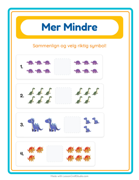 Forhåndsvisning av Mer Eller Mindre-arbeidsark med Dinosaurer for Barnehage (3-5 år)