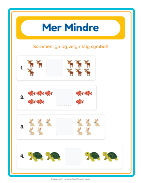 Forhåndsvisning av Mer Eller Mindre-arbeidsark med Dyr for Barnehage (3-5 år)