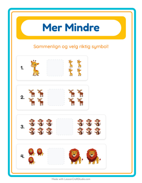 Forhåndsvisning av Mer Eller Mindre-arbeidsark med Dyrehagedyr for Barnehage (3-5 år)