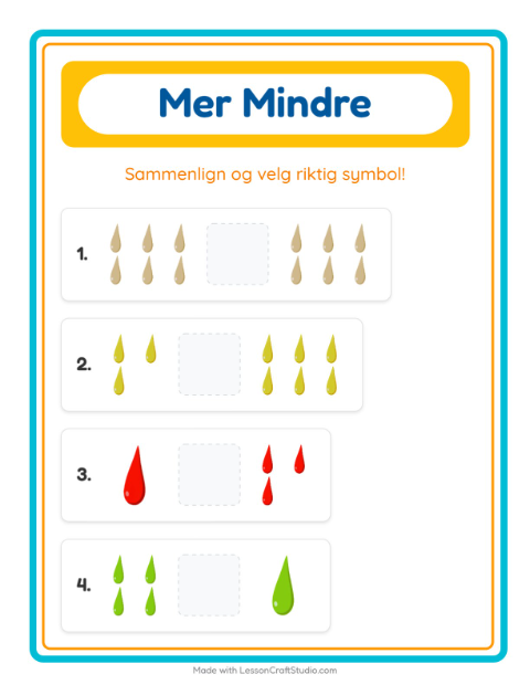 Forhåndsvisning av Mer Eller Mindre-arbeidsark med Farger for Barnehage (3-5 år)
