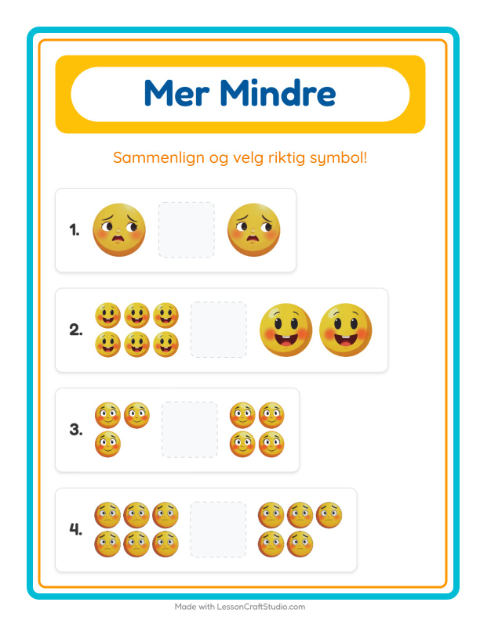 Forhåndsvisning av Mer Eller Mindre-arbeidsark med Følelser for Barnehage (3-5 år)