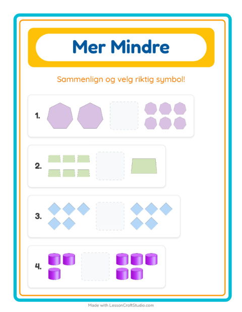 Forhåndsvisning av Mer Eller Mindre-arbeidsark med Former for Barnehage (3-5 år)