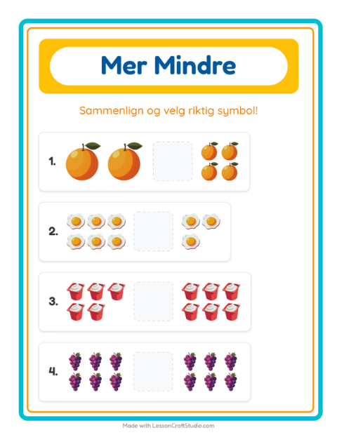 Forhåndsvisning av Mer Eller Mindre-arbeidsark med Frokost for Barnehage (3-5 år)