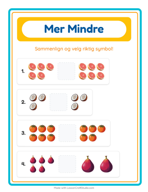 Forhåndsvisning av Mer Eller Mindre-arbeidsark med Frukter for Barnehage (3-5 år)