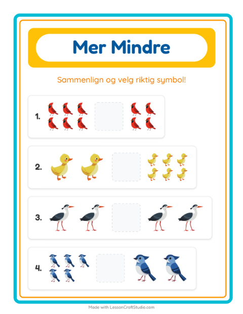 Forhåndsvisning av Mer Eller Mindre-arbeidsark med Fugler 2 for Barnehage (3-5 år)