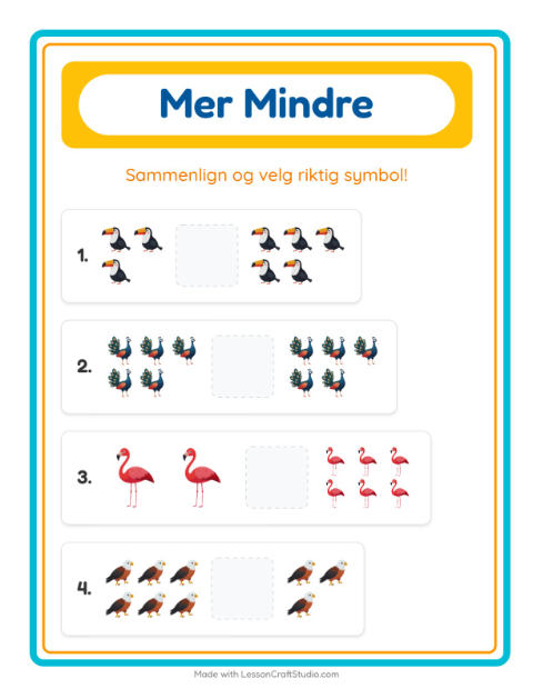 Forhåndsvisning av Mer Eller Mindre-arbeidsark med Fugler for Barnehage (3-5 år)