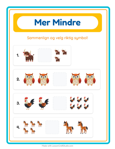 Forhåndsvisning av Mer Eller Mindre-arbeidsark med Gårdsdyr for Barnehage (3-5 år)