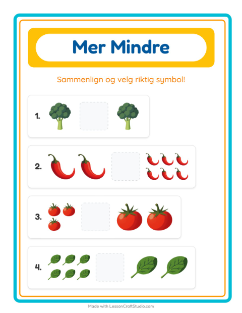 Forhåndsvisning av Mer Eller Mindre-arbeidsark med Grønnsaker for Barnehage (3-5 år)