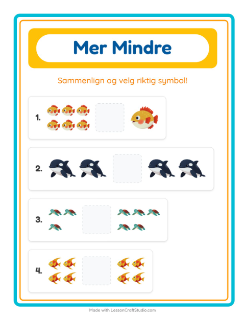Forhåndsvisning av Mer Eller Mindre-arbeidsark med Havliv for Barnehage (3-5 år)