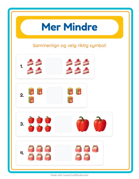 Forhåndsvisning av Mer Eller Mindre-arbeidsark med I supermarkedet for Barnehage (3-5 år)