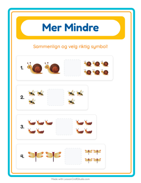 Forhåndsvisning av Mer Eller Mindre-arbeidsark med Insekter og kryp for Barnehage (3-5 år)