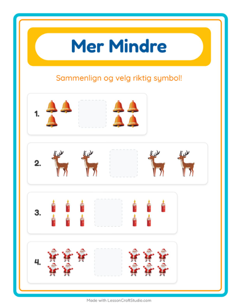 Forhåndsvisning av Mer Eller Mindre-arbeidsark med Jul for Barnehage (3-5 år)