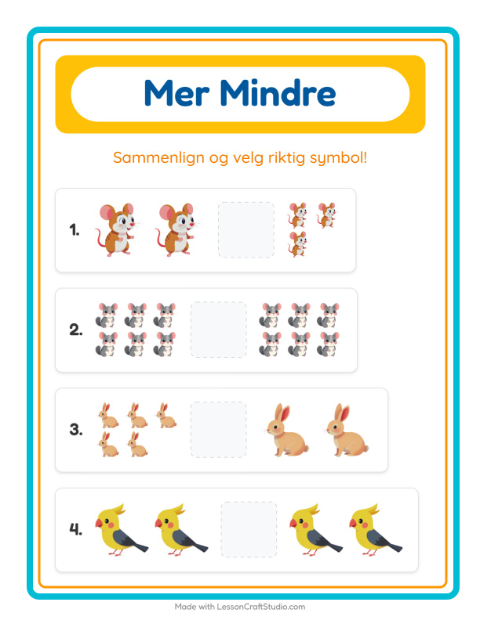 Forhåndsvisning av Mer Eller Mindre-arbeidsark med Kjæledyr for Barnehage (3-5 år)