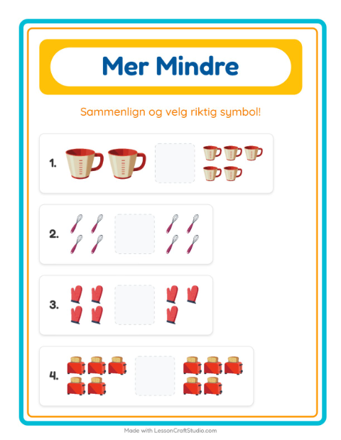 Forhåndsvisning av Mer Eller Mindre-arbeidsark med Kjøkkenredskaper for Barnehage (3-5 år)