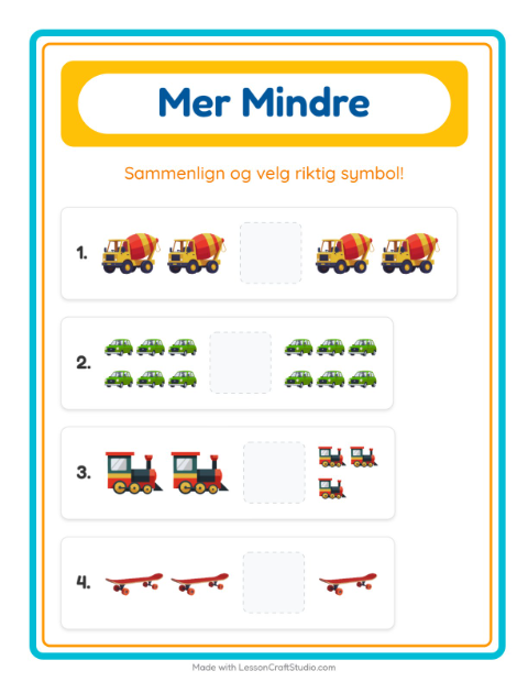 Forhåndsvisning av Mer Eller Mindre-arbeidsark med Kjøretøy for Barnehage (3-5 år)