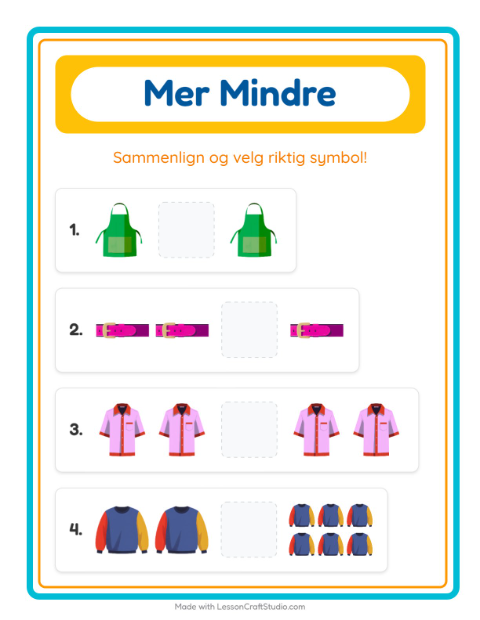 Forhåndsvisning av Mer Eller Mindre-arbeidsark med Klær for Barnehage (3-5 år)