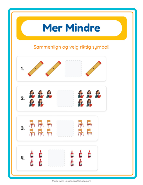 Forhåndsvisning av Mer Eller Mindre-arbeidsark med Klasserom for Barnehage (3-5 år)