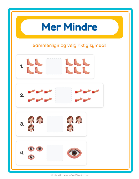 Forhåndsvisning av Mer Eller Mindre-arbeidsark med Kroppsdeler for Barnehage (3-5 år)