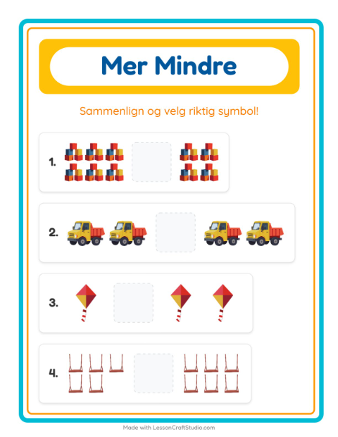 Forhåndsvisning av Mer Eller Mindre-arbeidsark med Leker for Barnehage (3-5 år)