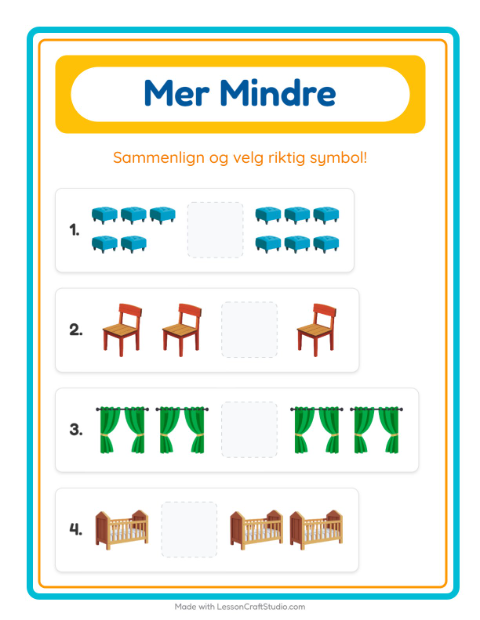 Forhåndsvisning av Mer Eller Mindre-arbeidsark med Møbler for Barnehage (3-5 år)