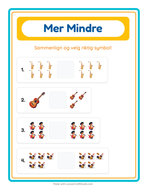 Forhåndsvisning av Mer Eller Mindre-arbeidsark med Musikk for Barnehage (3-5 år)