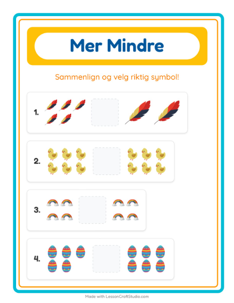 Forhåndsvisning av Mer Eller Mindre-arbeidsark med Påske for Barnehage (3-5 år)