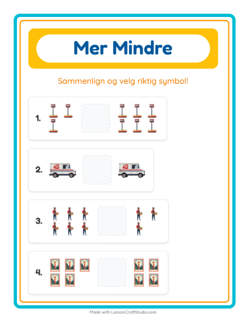 Forhåndsvisning av Mer Eller Mindre-arbeidsark med Postkontor for Barnehage (3-5 år)