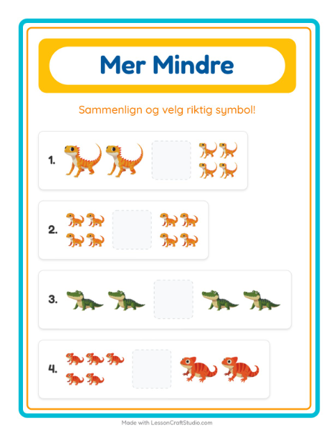 Forhåndsvisning av Mer Eller Mindre-arbeidsark med Reptiler og amfibier for Barnehage (3-5 år)