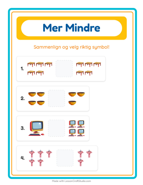 Forhåndsvisning av Mer Eller Mindre-arbeidsark med Rundt i huset for Barnehage (3-5 år)