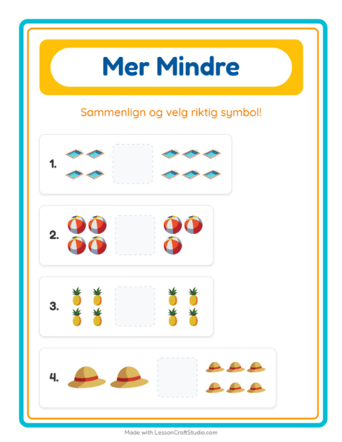 Forhåndsvisning av Mer Eller Mindre-arbeidsark med Sommer for Barnehage (3-5 år)