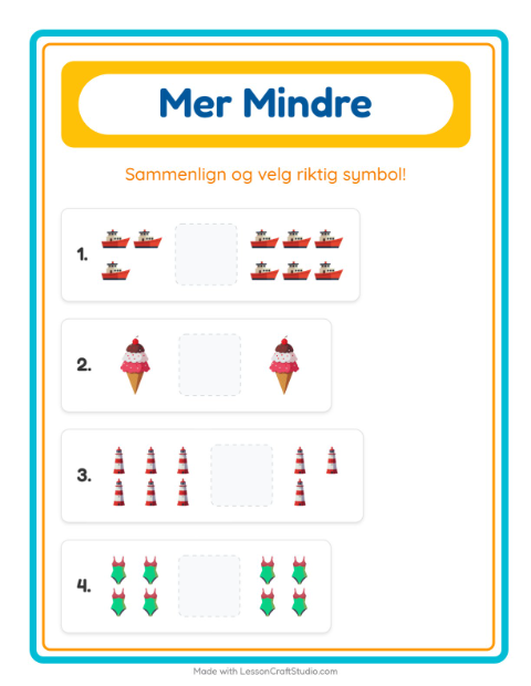Forhåndsvisning av Mer Eller Mindre-arbeidsark med Strand for Barnehage (3-5 år)