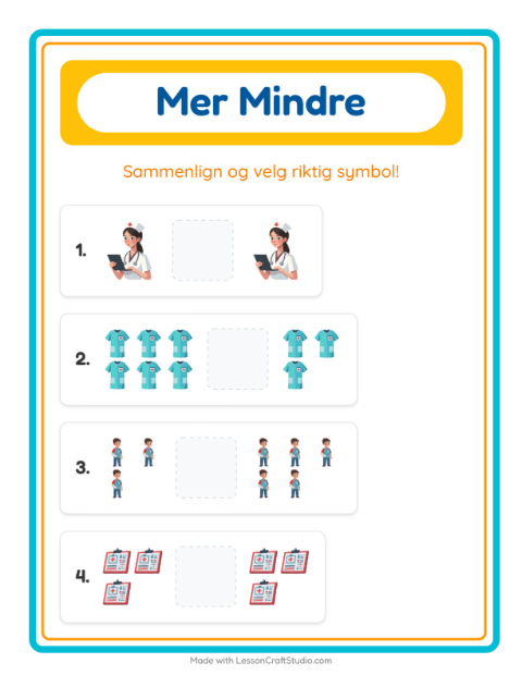 Forhåndsvisning av Mer Eller Mindre-arbeidsark med Sykehus for Barnehage (3-5 år)