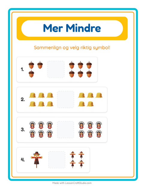 Forhåndsvisning av Mer Eller Mindre-arbeidsark med Thanksgiving for Barnehage (3-5 år)