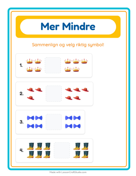 Forhåndsvisning av Mer Eller Mindre-arbeidsark med Tilbehør for Barnehage (3-5 år)