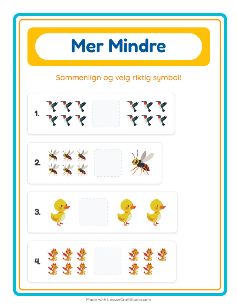 Forhåndsvisning av Mer Eller Mindre-arbeidsark med Ting som flyr for Barnehage (3-5 år)