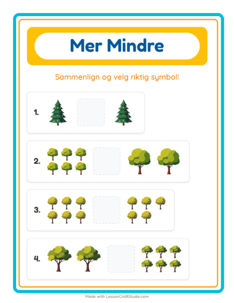 Forhåndsvisning av Mer Eller Mindre-arbeidsark med Trær for Barnehage (3-5 år)