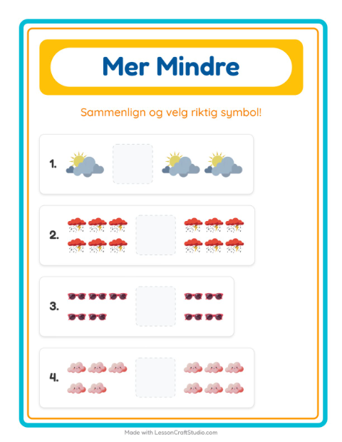 Forhåndsvisning av Mer Eller Mindre-arbeidsark med Vær for Barnehage (3-5 år)