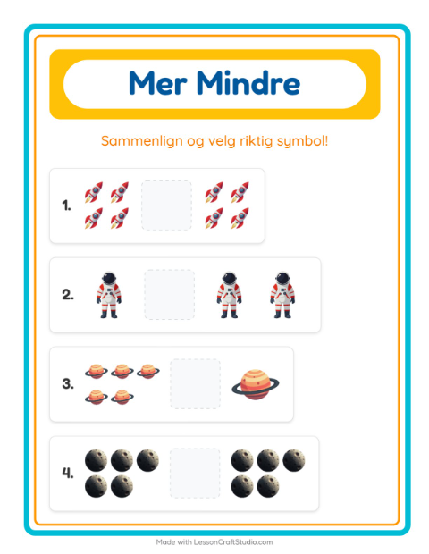 Forhåndsvisning av Mer Eller Mindre-arbeidsark med Verdensrommet for Barnehage (3-5 år)