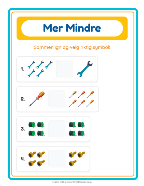 Forhåndsvisning av Mer Eller Mindre-arbeidsark med Verktøy for Barnehage (3-5 år)