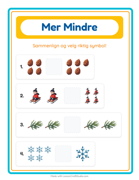 Forhåndsvisning av Mer Eller Mindre-arbeidsark med Vinter for Barnehage (3-5 år)