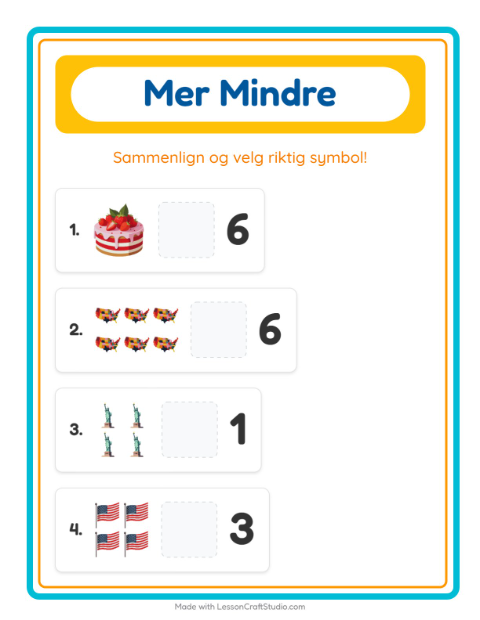 Forhåndsvisning av Mer Eller Mindre-arbeidsark med 4. juli for Barnehage (3-5 år)