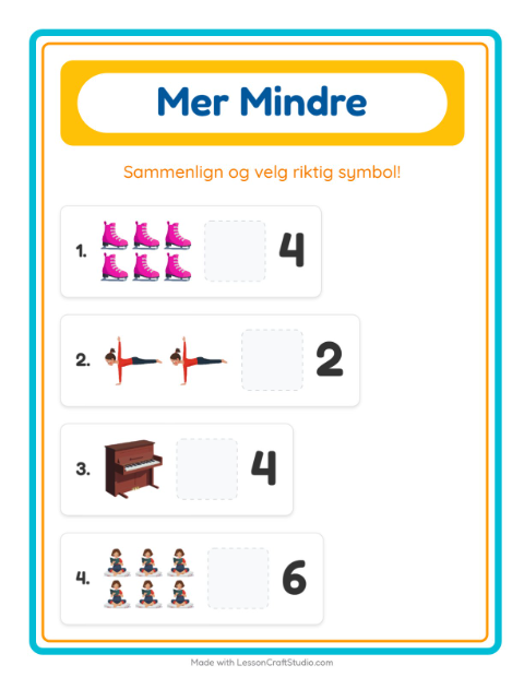 Forhåndsvisning av Mer Eller Mindre-arbeidsark med Aktiviteter for Barnehage (3-5 år)